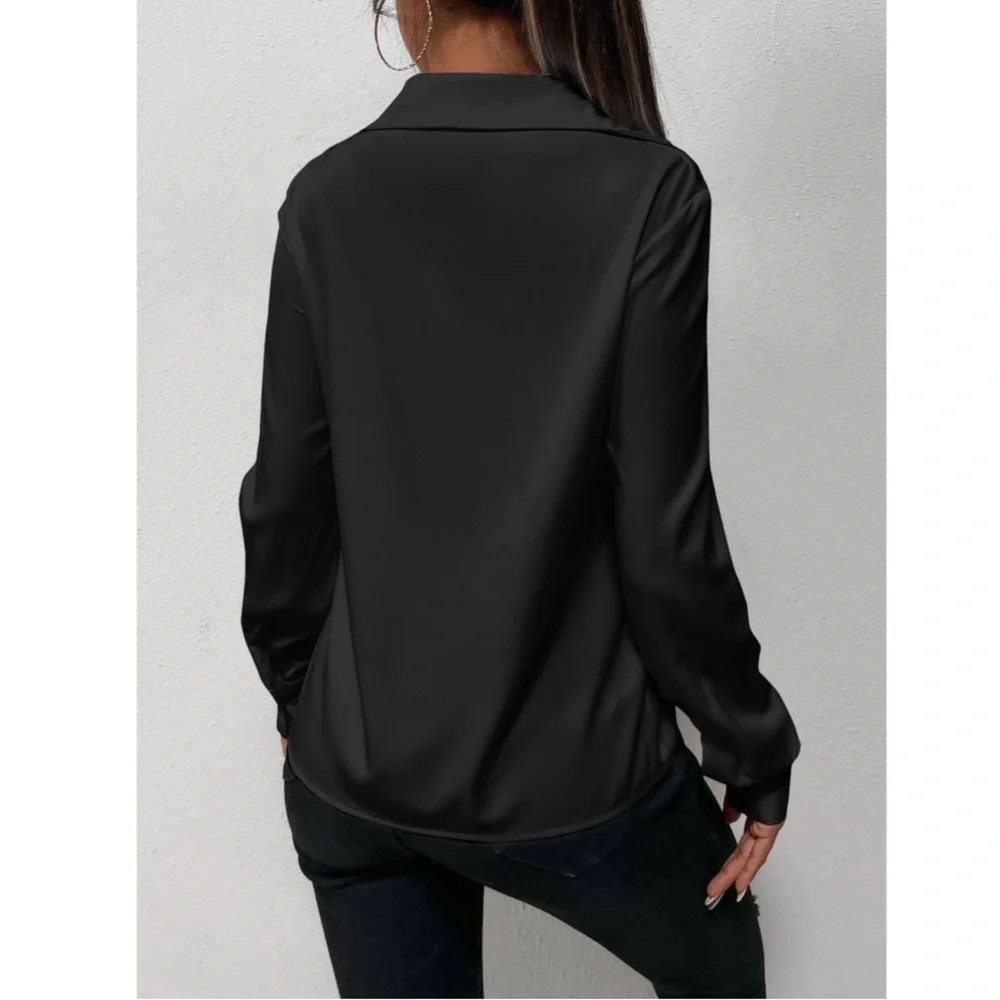 Twist Front Black Office Shirt Long Sleeve Collar Neckline V-Neck - Picture 2 of 8